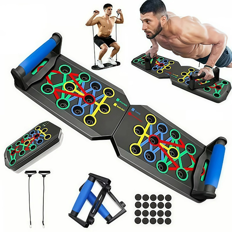 Home Gym Hack - 抵抗バンド付き折りたたみ式プッシュアップボード、多機能プッシュアップバー、ポータブルホームジムトレーニング機器、男性女性向けの胸筋、背中、肩、上腕三頭筋のトレーニングシステム