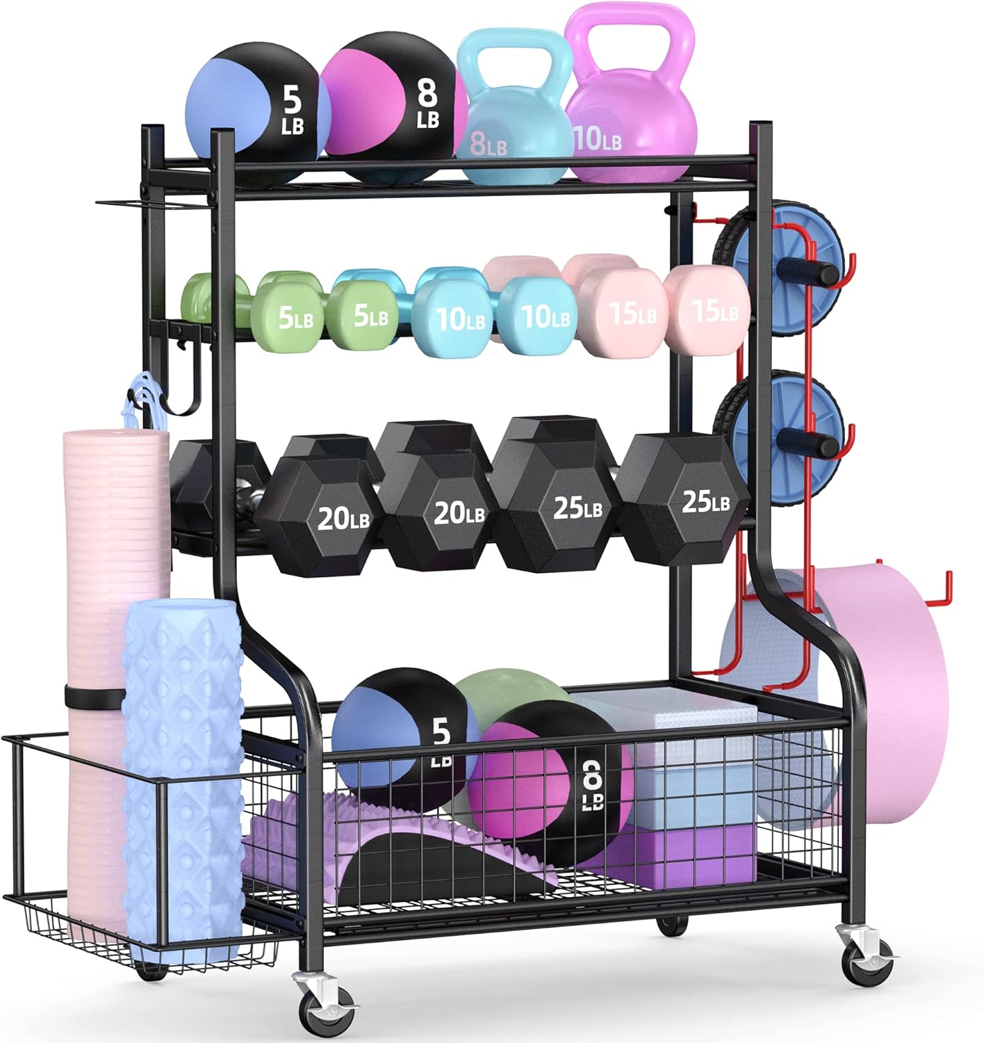 ホームジムダンベルラック（ホイール付き）、頑丈なスチール製、 - Home Gym Gym のレビューと価格