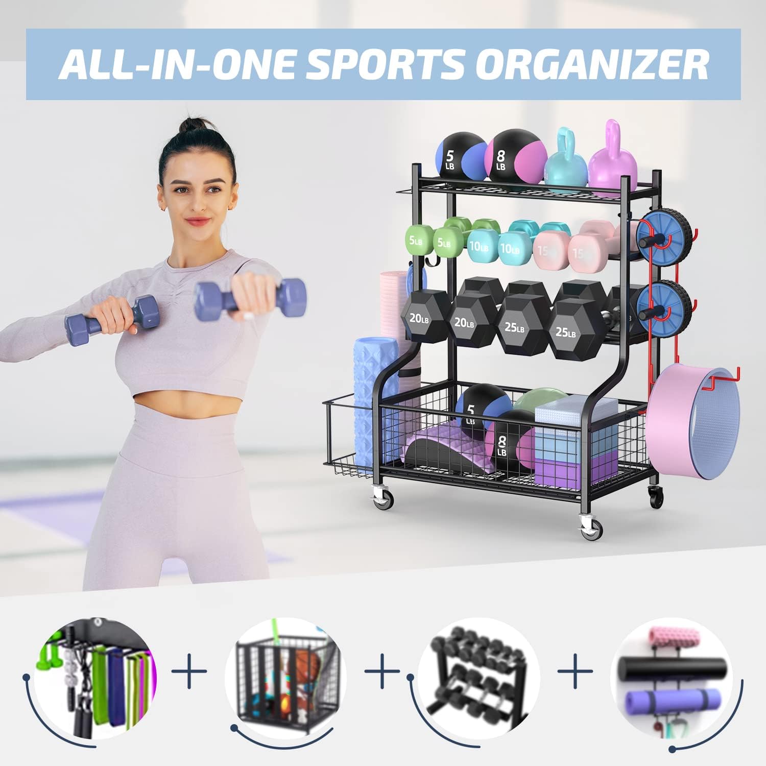 ホームジムダンベルラック（ホイール付き）、頑丈なスチール製、 - Home Gym Gym のレビューと価格